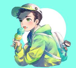  1boy animification bad_id bad_twitter_id bag bag_charm baseball_cap batman batman_(series) black_hair blue_background charm_(object) cream cream_on_face damian_wayne dc_comics eating food food_on_body food_on_face green_eyes green_jacket hat highres holding holding_food ice_cream ice_cream_cone jacket jjoldi_(jjoldi5160) licking male_focus nightwing pin robin_(dc) school_bag short_hair simple_background solo teeth tongue upper_body 