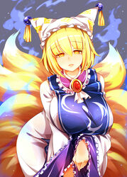  5_fingers 9_tails absurd_res animal_humanoid big_breasts biped blue_clothing bra breasts brooch canid canid_humanoid canine canine_humanoid clothed clothing digital_media_(artwork) dipstick_tail dress eyelashes female fingers fluffy fluffy_tail fox_humanoid front_view fully_clothed fur grey_background hair hat headgear headwear hi_res humanoid humanoid_hands leaning leaning_forward light_body light_skin lips looking_at_viewer mammal mammal_humanoid markings monotone_hair multi_tail multicolored_body multicolored_fur multicolored_tail portrait ran_yakumo raptor7 simple_background solo tabard tail tail_markings three-quarter_portrait touhou two_tone_body two_tone_fur underwear white_clothing white_dress will-o&#039;-the-wisp yellow_body yellow_eyes yellow_fur 