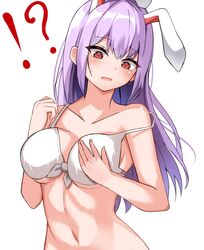  animal_ears bottomless bra breasts female highres kiui_(dagk8254) large_breasts long_hair partially_undressed purple_hair rabbit_ears red_eyes reisen_udongein_inaba simple_background solo touhou underwear undressing upper_body white_background 