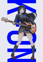  akiyama_mio bass_guitar black_eyes black_hair black_socks blazer blue_ribbon blunt_bangs brown_footwear buttons collared_shirt copyright_name female fender_jazz_bass grey_skirt highres hime_cut instrument jacket k-on! kneehighs left-handed loafers long_hair long_sleeves neck_ribbon playing_bass pleated_skirt ribbon sakuragaoka_high_school_uniform school_uniform shirt shoes sidelocks skirt socks solo vertigris white_background white_shirt winter_uniform 