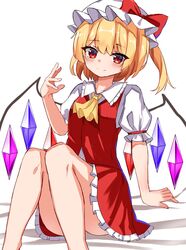  ascot bat_wings blonde_hair blush bow crystal feet_out_of_frame female flandre_scarlet frilled_shirt frilled_shirt_collar frilled_skirt frilled_sleeves frills gem hat hat_ribbon highres kiui_(dagk8254) long_hair looking_at_viewer medium_hair mob_cap puffy_sleeves red_bow red_eyes red_ribbon red_skirt red_vest ribbon shirt short_hair short_sleeves side_ponytail skirt smile solo touhou vest white_shirt wings yellow_ascot 