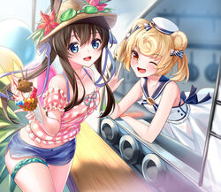  2girls ;d alternate_costume amiya_(arknights) animal_ears arknights bare_shoulders bear_ears blonde_hair blue_eyes blue_shorts brown_hair commentary cowboy_shot dress food gummy_(arknights) gummy_(summer_flowers)_(arknights) hair_ribbon hand_up hat highres holding holding_food ice_cream long_hair looking_at_viewer multiple_girls official_alternate_costume one_eye_closed open_mouth rabbit_ears ribbon rukinya_(nyanko_mogumogu) shirt short_hair shorts sleeveless sleeveless_dress sleeveless_shirt smile soft_serve standing thigh_strap 