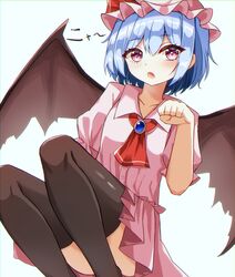  bat_wings blue_hair bow braid brooch commentary dress female frilled_shirt frilled_shirt_collar frilled_sleeves frills hat hat_ribbon highres jewelry kiui_(dagk8254) light_purple_hair mob_cap oerba_yun_fang pink_dress puffy_short_sleeves puffy_sleeves purple_hair red_bow red_ribbon remilia_scarlet ribbon ribbon_trim shirt short_hair short_sleeves simple_background skirt solo thighhighs touhou wings wrist_cuffs 