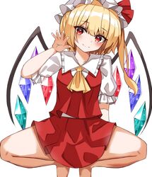  ascot barefoot blonde_hair blush bow crystal female flandre_scarlet frilled_shirt frilled_shirt_collar frilled_skirt frilled_sleeves frills hat hat_ribbon highres kiui_(dagk8254) looking_at_viewer mob_cap red_bow red_eyes red_skirt red_vest ribbon shirt short_hair simple_background skirt smile solo spread_legs squatting touhou vest wings yellow_ascot 