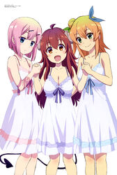  3girls :d absurdres bare_arms blonde_hair blue_eyes blunt_bangs breasts brown_eyes chiyoda_momo cleavage closed_mouth collarbone demon_girl demon_horns demon_tail dress empire_waist fujii_masahiro gradient_hair green_eyes hair_between_eyes hair_bun hair_ribbon high-waist_dress highres hinatsuki_mikan holding_hands horns large_breasts light_smile long_hair looking_at_viewer machikado_mazoku megami_magazine multicolored_hair multiple_girls oerba_yun_fang official_art open_mouth orange_hair pink_hair red_hair ribbon scan short_hair simple_background single_hair_bun small_breasts smile standing sundress tail white_background white_dress yoshida_yuuko_(machikado_mazoku) 