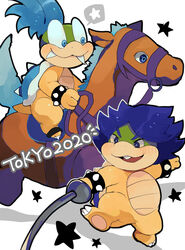  absurd_res anthro blue_hair blush bracelet bridle buckteeth duo fencing fencing_foil hair hi_res jewelry koopaling larry_koopa ludwig_von_koopa male mario_bros nintendo reins riding saddle spiked_bracelet spikes star teeth zeso 