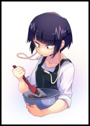  abiko_yuuji apron audio_jack black_apron black_border black_eyes boku_no_hero_academia border chocolate commentary_request earplugs female highres jirou_kyouka looking_down purple_hair shirt short_hair solo spatula tasting upper_body white_shirt 