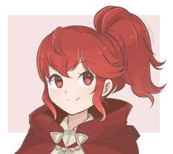  anna_(fire_emblem) artist_name border chocomiru cloak closed_mouth female fire_emblem fire_emblem_fates hair_between_eyes looking_at_viewer lowres red_background red_eyes red_hair short_hair signature simple_background smile solo upper_body white_border 