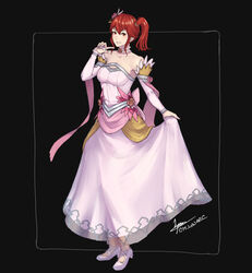  alternate_costume anna_(fire_emblem) bare_shoulders black_background blush breasts bride_(fire_emblem) choker cleavage cleavage_cutout clothing_cutout cm_lynarc dress female finger_to_face fire_emblem fire_emblem_heroes flower flower_choker full_body hair_between_eyes highres medium_breasts medium_hair pink_dress pink_flower pink_footwear pink_rose ponytail red_eyes red_hair rose smile solo 