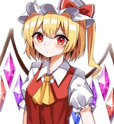  ascot blonde_hair blush bow commentary crying crystal female flandre_scarlet frilled_shirt frilled_shirt_collar frilled_skirt frilled_sleeves frills hat hat_ribbon highres kiui_(dagk8254) medium_hair mob_cap puffy_short_sleeves puffy_sleeves red_bow red_eyes red_ribbon red_vest ribbon shirt short_hair short_sleeves simple_background skirt solo tears touhou upper_body vest wings yellow_ascot 