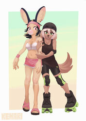  absurd_res accessory acerola_(kemari) anthro arm_grab armor artist_name blowing_bubble_gum bottomwear breasts bubble bubble_gum candy canid canine canis cleavage clothed clothing cuff_(restraint) dessert domestic_dog duo ear_piercing elbow_pads female fingerless_(marking) food footwear fur green_eyes gum hair headband headgear helmet hi_res inflating kemari knee_pads lagomorph leg_markings leporid lime_(kemari) mammal markings multicolored_body multicolored_fur multicolored_hair navel piercing pink_bottomwear pink_clothing pink_shorts quad_skates rabbit restraints roller_skates sandals shirt shorts simple_background slim socks_(marking) tank_top topwear two_tone_body two_tone_fur two_tone_hair wrist_cuffs 