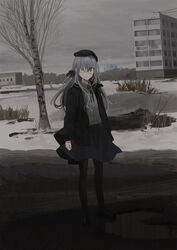  arms_at_sides bare_tree beret birch_tree black_bow black_footwear black_hat black_jacket black_pantyhose black_skirt bow braid building chihuri cloud cloudy_sky collared_shirt commentary dress_shirt eve_(chihuri) eyepatch female full_body grass grey_eyes grey_hair grey_shirt hair_over_one_eye hairbow hat highres jacket loafers long_hair long_sleeves medical_eyepatch open_clothes open_jacket original outdoors pantyhose parted_lips photoshop_(medium) puddle shirt shoes skirt sky sleeves_past_wrists snow solo standing tree very_long_hair water 