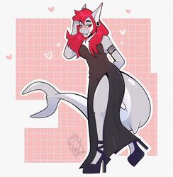  abstract_background anthro bessa breasts clothing dress ear_piercing ear_ring facial_piercing female fish footwear hair heart high_heels honeyjaws lip_piercing marine non-mammal_breasts piercing red_hair shark shoes snakebite_piercing solo tattoo tattooed_arm 