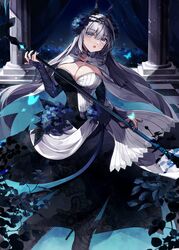  :o absurdres black_dress blue_butterfly blue_eyes blue_nails breasts bridal_gauntlets bug butterfly cape cleavage dress fate/grand_order fate_(series) female grey_hair hair_between_eyes hair_ornament highres holding holding_staff holding_weapon large_breasts long_hair looking_at_viewer misaki346 morgan_le_fay_(apex)_(fate) morgan_le_fay_(fate) official_alternate_costume solo staff very_long_hair weapon white_cape white_dress 