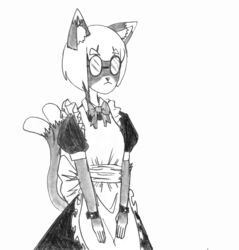  2_tails absurd_res anthro asian_mythology bakeneko bob_cut cat_nose cat_tail clothing domestic_cat east_asian_mythology efradraws eyewear felid feline felis female fur glasses graphite_(artwork) hi_res japanese_mythology kokono_geto maid_uniform mammal marker_(artwork) monochrome multi_tail multicolored_body multicolored_fur mythology pencil_(artwork) pose solo tail traditional_media_(artwork) two_tone_body two_tone_fur uniform yokai 