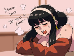  bare_shoulders black_hair blush breasts cleavage closed_eyes detached_sleeves earrings english_text female gold_earrings hair_bun hairband highres implied_sex jewelry large_breasts lying moaning off-shoulder_sweater off_shoulder on_stomach out-of-frame_censoring red_sweater sexually_suggestive short_hair_with_long_locks single_hair_bun solo spy_x_family sweat sweater tina_fate trembling white_hairband yor_briar 