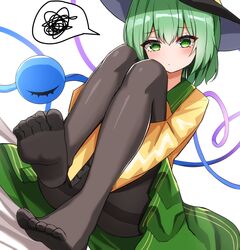  annoyed blouse buttons collared_shirt diamond_button eyeball feet female frilled_shirt_collar frills green_eyes green_hair green_skirt grey_hair hat hat_ribbon heart heart_of_string highres holding_legs kiui_(dagk8254) komeiji_koishi legs light_green_hair long_sleeves looking_at_viewer medium_hair no_shoes pantyhose ribbon shirt short_hair skirt soles solo thighband_pantyhose third_eye toes touhou wavy_hair wide_sleeves yellow_ribbon yellow_shirt 