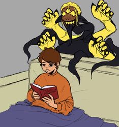  3_eyes 4_arms bedding bill_cipher blanket blonde_hair blush blush_lines body_horror book brown_hair clothed clothing demon demon_humanoid dipper_pines disney dreamscreep duo ears_down furniture gloves_(marking) gravity_falls hair hi_res human humanoid humanoid_pointy_ears long_neck long_tongue male mammal markings multi_arm multi_eye multi_limb nails on_sofa open_mouth open_smile pivoted_ears pupils reading reading_book sharp_nails sharp_teeth sitting sitting_on_sofa slit_pupils smile sofa tapering_tongue teeth tentacle tongue unusual_anatomy yellow_teeth 