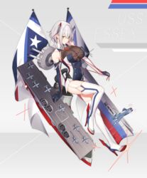  aircraft airplane bare_shoulders blue_oath blush boots breasts character_name cleavage closed_mouth commentary_request contest dore_(gilles_dore) dress elbow_gloves female flag full_body gloves grey_hair hair_behind_ear hair_between_eyes headgear high_heel_boots high_heels highres large_breasts leg_up looking_at_viewer machinery multicolored_clothes original rigging short_dress short_hair sidelocks skindentation sleeveless sleeveless_dress solo string taut_clothes taut_dress thigh_boots thighhighs tight_clothes turret uss_essex_(cv-9)_(personification) yellow_eyes 