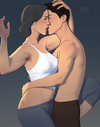  1boy age_difference armpit_hair armpits artist_name avatar_legends black_hair blush closed_eyes clothes_pull female female_pubic_hair french_kiss green_eyes grey_hair hand_on_another&#039;s_back hand_on_another&#039;s_head highres hug imminent_kiss kissing knee_up lin_bei_fong mako_(avatar) mature_female ngmi open_mouth pants pants_pull pubic_hair short_hair signature standing standing_on_one_leg straight tank_top the_legend_of_korra topless_male waist_hug wavy_hair white_tank_top yoga_pants 