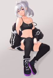  absurdres ahoge bad_id bad_pixiv_id black_footwear black_jacket black_shorts black_sports_bra black_thighhighs breasts female grey_hair hair_between_eyes hair_intakes head_tilt highres ine_(vtuber) jacket long_hair long_sleeves looking_at_viewer medium_breasts navel off_shoulder open_clothes open_jacket ponytail purple_eyes rabbitballoon short_shorts shorts sitting solo sports_bra strap_slip thighhighs underwear virtual_youtuber waktaverse 