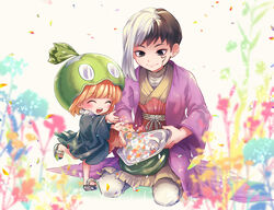  1boy age_difference asagiri_gen asymmetrical_hair bag black_hair blonde_hair blush cloak closed_eyes commentary_request dr._stone feet female flower food food_on_head fruit fruit_on_head full_body geta grey_eyes highres holding holding_bag jacket kneeling looking_down makoto_(makochanto02) multicolored_hair object_on_head open_mouth outdoors pants photoshop_(medium) purple_jacket rope sandals shirt short_hair split-color_hair suika_(dr.stone) teeth watermelon white_hair white_pants white_shirt 