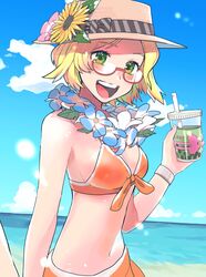  alternate_costume beach bianca_(pokemon) blonde_hair blue_sky blush breasts bubble_tea cloud cup disposable_cup female flower flower_necklace glasses green_eyes hat highres holding_hands lei looking_at_viewer luvdisc nashubi_(to_infinity_wow) navel open_mouth out_of_frame outdoors pokemon pokemon_bw2 sand sarong sky smile solo_focus wristband 