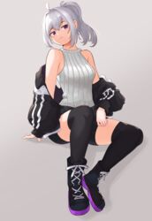  absurdres ahoge bad_id bad_pixiv_id bare_shoulders black_footwear black_jacket black_shorts black_thighhighs breasts female grey_hair hair_between_eyes hair_intakes head_tilt highres ine_(vtuber) jacket long_hair long_sleeves looking_at_viewer medium_breasts navel off_shoulder open_clothes open_jacket ponytail purple_eyes rabbitballoon ribbed_sweater short_shorts shorts sitting sleeveless sleeveless_sweater solo sweater thighhighs virtual_youtuber waktaverse white_sweater 