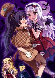  3girls bad_id bad_pixiv_id bat_(animal) blonde_hair blush closed_eyes commentary_request deerstalker detective full_moon ganaha_hibiki gloves gun handgun hat high_ponytail hiiringu hoshii_miki idolmaster idolmaster_(classic) long_hair moon multiple_girls my_dear_vampire_(idolmaster) necktie night night_sky open_mouth p-head_producer plaid ponytail producer_(idolmaster) purple_moon revolver shijou_takane sky star_(sky) starry_sky sweat tears thighhighs unmoving_pattern weapon yawning 