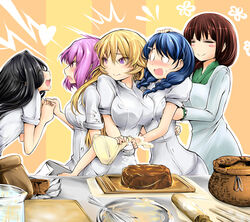  5girls =_= ^^^ annoyed apron arato_hisako asymmetrical_docking back-to-back bag black_hair blonde_hair blue_hair blush blush_stickers bowl braid breast_press breasts brown_hair cake chef clipboard commentary_request cooking eye_contact flying_sweatdrops food girl_sandwich headpat heart inui_hinako japanese_clothes kappougi kimono large_breasts looking_at_another measuring_cup mixing_bowl multiple_girls nakiri_erina nose_blush o_o paper_bag pastry_bag photoshop_(medium) purple_eyes purple_hair rolling_pin sack sadatsuka_nao sandwiched shokugeki_no_souma surprised table tadokoro_megumi tray twin_braids whisk white_eyes yuri yuriwhale 