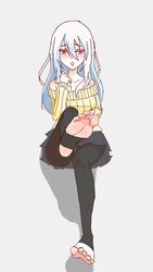  barefoot black_legwear blush feet female light_blue_hair long_hair looking_away off_shoulder one_leg_raised original parted_lips pov red_eyes soles toeless_legwear toes 