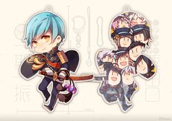  ahoge akita_toushirou aqua_hair armor atsushi_toushirou bangs black_gloves bob_cut brown_hair charm_(object) chibi double-breasted earrings fox fox_shadow_puppet gloves gokotai gokotai&#039;s_tigers hair_over_one_eye hat hirano_toushirou honebami_toushirou ichigo_hitofuri japanese_armor jewelry katana long_hair looking_at_viewer maeda_toushirou magatama magatama_earrings male_focus menpoo midare_toushirou military military_uniform multiple_boys nakigitsune nakigitsune&#039;s_fox namazuo_toushirou necktie open_mouth pants peaked_cap pink_hair ponytail ready_to_draw sheath sheathed shoulder_armor sinsora smile sode solo_focus sword tiger tiger_cub touken_ranbu twitter_username uniform v weapon white_gloves white_hair white_tiger yagen_toushirou yellow_eyes |_| 