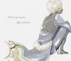  1boy armor commentary_request fox japanese_armor looking_back magatama male_focus menpoo nakigitsune nakigitsune&#039;s_fox shala_(lsxia3280) sitting touken_ranbu white_hair yellow_eyes 