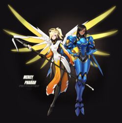  absurdres armor black_hair blonde_hair blue_eyes blush brown_eyes dark_skin glowing glowing_wings headwear_removed helmet helmet_removed highres mechanical_halo mechanical_wings mercy_(overwatch) multiple_girls overwatch pantyhose pharah_(overwatch) power_armor spread_wings staff wings yellow_wings ziyo_ling 