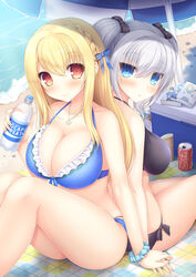  2girls anchor_necklace back-to-back bare_arms bare_shoulders beach bikini black_bikini black_bow blonde_hair blue_eyes blue_scrunchie blush book bottle bow braid breasts brown_eyes can cleavage closed_mouth coca-cola collarbone commentary_request cooler crown_braid day drink_can hair_between_eyes hairbow hand_up highres holding holding_bottle holding_hands jewelry jitome knees_up kono_subarashii_sekai_ni_shukufuku_wo! large_breasts long_hair looking_at_viewer multiple_girls necklace novel_(object) ore_no_imouto_ga_konna_ni_kawaii_wake_ga_nai original outdoors parted_lips photoshop_(medium) pocari_sweat scrunchie sidelocks sitting smile soda_can swimsuit taiki_ken tareme towel tsurime twintails umbrella water wrist_scrunchie 