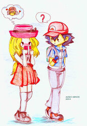  1boy bare_shoulders black_legwear cap couple female friend_zone hat heart hips hug jacket knees legs legwear long_hair monochrome nail_polish nintendo no_hat pants pleated_skirt pokemon pokemon_(anime) pokemon_(game) pokemon_xy satoshi_(pokemon) serena_(pokemon) shirt shoes short_hair skirt sleeveless sleeveless_shirt solo spoken_heart thighhighs zettai_ryouiki 