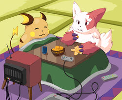  2009 anthro black_nose cable closed_eyes controller controller_on_furniture controller_on_ground controller_on_table cord duo eating electronics food fruit fur furniture game_console game_controller generation_1_pokemon generation_3_pokemon lako nintendo nintendo_console nintendo_controller orange_(fruit) plant pokemon pokemon_(species) raichu rca_connector remote_control retro_console retro_controller rug sitting super_famicom super_famicom_console super_famicom_controller super_nintendo table television tv_remote white_body white_fur wired_controller zangoose 