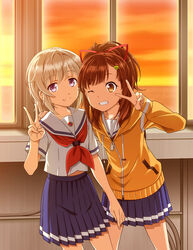  2girls ;d apr blue_skirt brown_eyes brown_hair commentary_request cowboy_shot grin hair_ribbon hand_on_another&#039;s_shoulder high_ponytail high_school_fleet indoors irizaki_mei long_hair miniskirt multiple_girls neckerchief one_eye_closed open_mouth photoshop_(medium) pleated_skirt purple_eyes red_neckerchief red_ribbon ribbon school_uniform serafuku shirt short_sleeves silver_hair skirt smile standing sweater tateishi_shima v white_shirt yellow_sweater yokosuka_girls_marine_high_school_uniform zipper 