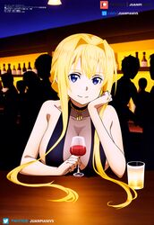  ai_generated alice_schuberg black_dress blue_eyes collar dinner juanpi_amvs long_hair patreon patreon_username sword_art_online watermark wine yellow_hair 