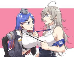  2girls ahoge anger_vein bare_shoulders black_gloves black_jacket black_necktie blue_eyes blue_hair breast_press breasts commentary confrontation crop_top dress_shirt elbow_gloves gloves grey_eyes headgear highres jacket kantai_collection large_breasts long_hair midriff military military_uniform multicolored_hair multiple_girls necktie necktie_grab neckwear_grab off_shoulder open_clothes open_jacket pink_background red_hair rindou_(rindou_annon) shirt short_sleeves sleeveless sleeveless_shirt south_dakota_(kancolle) star_(symbol) symbol-only_commentary symmetrical_docking two-tone_background uniform washington_(kancolle) white_background white_hair white_shirt 