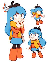  bad_id bad_twitter_id bag beret black_legwear blue_hair boots feathers female full_body handbag hat highres hilda_(hilda) hilda_(series) long_hair multiple_views niwa_33 open_mouth red_footwear red_sweater scarf simple_background skirt smile sweater wide-eyed 