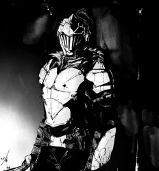  1boy armor blood blood_on_weapon breastplate full_armor goblin_slayer goblin_slayer! greyscale helm helmet holding holding_shield holding_sword holding_weapon knight kokoniau male_focus monochrome plume shield solo sword weapon 