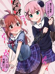  2girls ahoge bad_id bad_twitter_id blush brown_eyes brown_hair chiyoda_momo commentary curled_horns demon_girl demon_horns demon_tail hair_ornament heart highres horns long_hair machikado_mazoku multiple_girls na_bia open_mouth pantyhose pink_hair school_uniform short_hair surprised symbol-only_commentary tail tail_grab tail_pull translation_request uncommon_stimulation yoshida_yuuko_(machikado_mazoku) yuri 