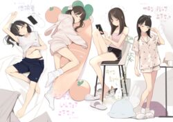  absurdres ama_mitsuki animal_hood bare_legs barefoot bed bed_sheet black_shorts blue_shorts blush breasts brown_hair carrot-shaped_pillow cellphone charging_device closed_eyes collarbone dolphin_shorts feet feline female food_print full_body gym_shirt gym_shorts gym_uniform hair_ornament highres hood hoodie knee_up legs long_hair loose_socks loungewear lying messy_hair no_shoes on_back on_side original pajamas panties phone pom_pom_(clothes) pom_pom_hair_ornament rabbit_hood rubbing_eyes shirt short_shorts shorts sleeping sleepy slippers smartphone socks squeans standing strawberry_print toes twintails underwear unworn_slippers white_shirt 