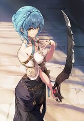  absurdres atelier_(series) atelier_ryza atelier_ryza_2 bare_shoulders blue_hair blutgang_(fire_emblem) braid brown_eyes commission commissioner_upload corset cosplay crown_braid female fire_emblem fire_emblem:_three_houses highres holding holding_sword holding_weapon klaudia_valentz klaudia_valentz_(cosplay) marianne_von_edmund o-ring o-ring_top online_neet solo sword weapon 