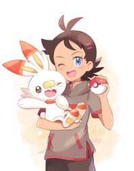  1boy :d black_hair black_pants black_shirt blue_eyes blush bunny commentary_request cowboy_shot dark_skin dark_skinned_male episode_number gen_8_pokemon gou_(pokemon) highres holding holding_poke_ball holding_pokemon looking_at_viewer male_focus mei_(maysroom) number one_eye_closed open_mouth pants poke_ball poke_ball_(generic) pokemon pokemon_(anime) pokemon_(creature) pokemon_swsh_(anime) scorbunny shirt signature smile starter_pokemon upper_teeth waving white_background 