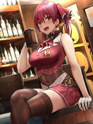  alcohol ascot bare_shoulders barrel belt blush bottle breasts brooch brown_thighhighs commentary covered_navel crossed_legs cup female hair_ribbon heterochromia highres hololive houshou_marine houshou_marine_(1st_costume) jewelry large_breasts leotard leotard_under_clothes long_hair looking_at_viewer mug oekakizuki open_mouth red_eyes red_hair red_ribbon red_skirt ribbon see-through see-through_leotard shelf sitting skirt smile solo thighhighs thighs twintails virtual_youtuber wine_bottle yellow_eyes 