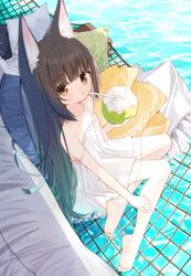  animal_ear_fluff animal_ears bare_arms bare_shoulders barefoot black_hair brown_eyes collarbone commentary_request crazy_straw dress drinking_straw female fringe_trim fruit_cup hammock highres holding long_hair original pillow sitting sleeveless sleeveless_dress soles solo strap_slip very_long_hair water white_dress yokozuwari yuuhagi_(amaretto-no-natsu) 