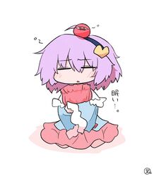  :&lt; absurdres blouse blue_shirt blush closed_eyes commentary_request eyeball female frilled_shirt_collar frills hair_between_eyes hair_ornament hairband heart heart_hair_ornament highres hugging_object komeiji_satori long_sleeves pillow pillow_hug pink_skirt purple_hair scavia10 shirt short_hair simple_background skirt solo touhou white_background wide_sleeves 