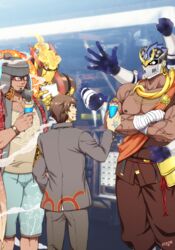  4boys aqua_shorts areolae bara bare_pectorals beard blue_shorts blush brown_pants bulge chest_hair dark-skinned_male dark_skin extra_arms facial_hair fake_horns feet_out_of_frame gakuran glasses halo halo_behind_head headwear_request helmet highres horned_helmet horns large_pectorals male_focus mature_male multiple_boys muscular muscular_male pants pectoral_cleavage pectorals protagonist_4_(housamo) scar scar_on_chest scarf school_uniform shiva_(housamo) short_hair shorts sideburns standing telekinesis the_smoky_god tokyo_afterschool_summoners umbrakinesis veins yanai_inaya yellow_scarf 